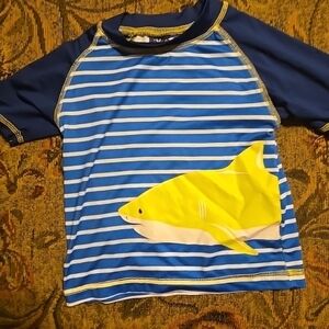 Boys Blue Striped Rashguard with Yellow Shark Graphic